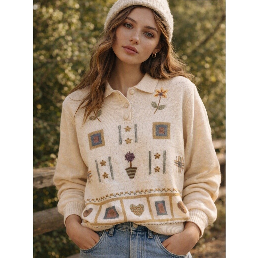 Vtg Alfred Dunner Sweater Cream Embroidered Floral Beaded Grannycore Cottage L